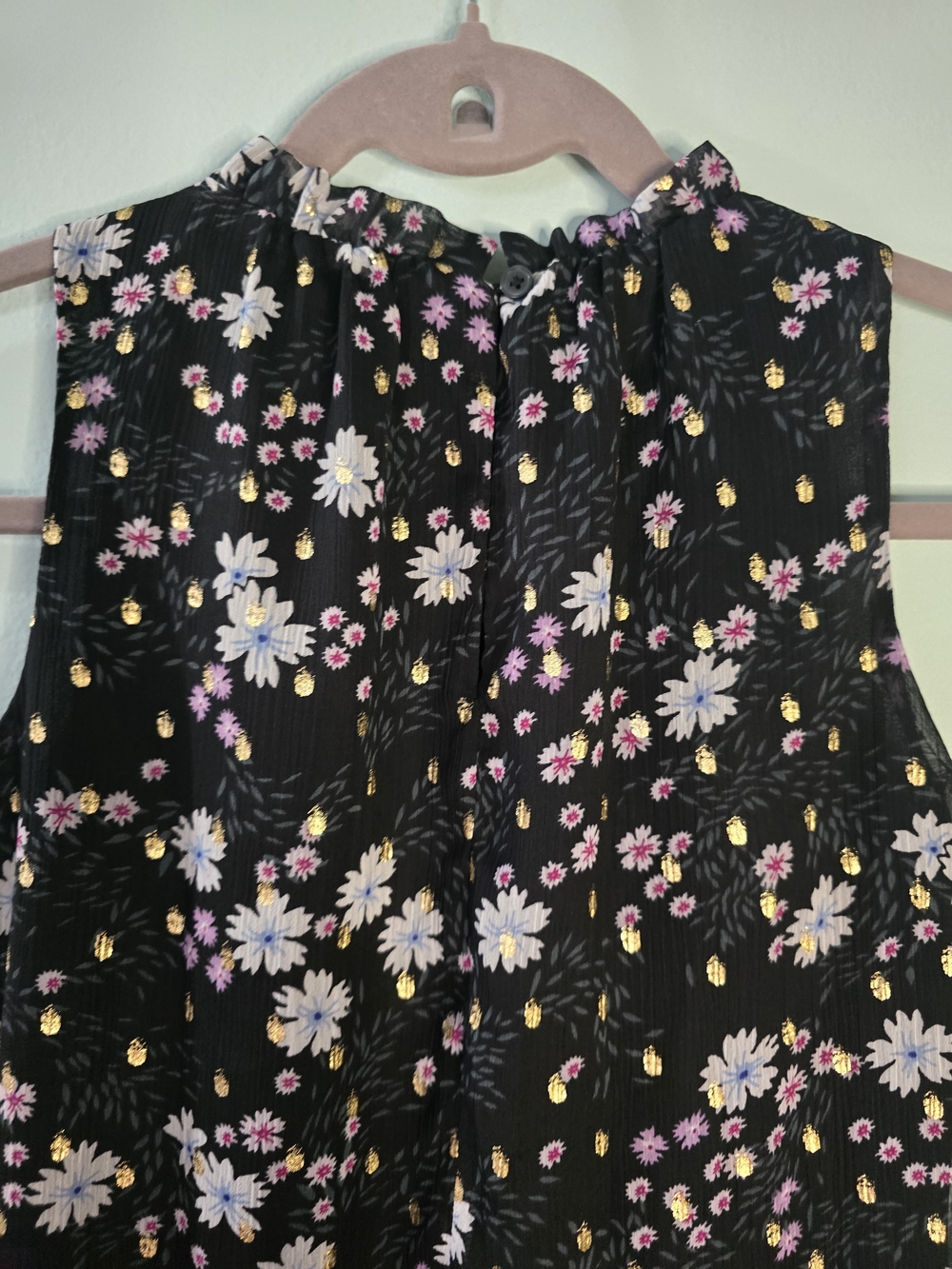 LOFT Petites P2XS Black Chiffon Floral Ruffle High Neck Sleeveless Blouse - Picture 11 of 15